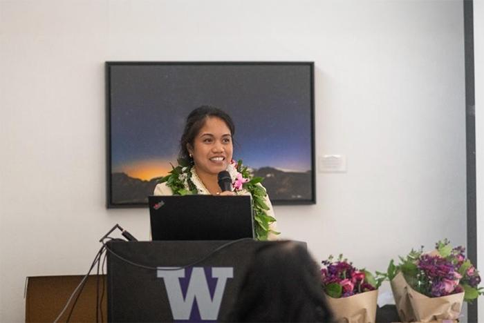 Dr. Reya Mokiao delivers remarks after accepting the Pat Dawson Endowed Fellowship.