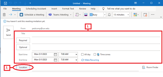 Screenshot showing Location button within new meeting information